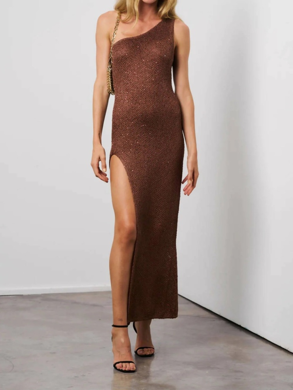 One-Shoulder Brown Midi Dress with High Slit